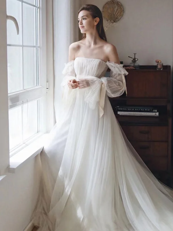 Sleek Style Discounts Art Deco Geometric Pattern Look Tulle A-line Wedding Dresses, Long Sleeves Popular Wedding Gowns, Elegant 2022 Bridal Gowns