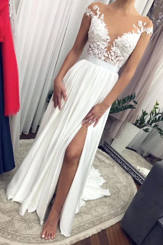 Premium Fashion Feminine Elegance White round neck lace long prom dress white lace bridesmaid dress    cg13447