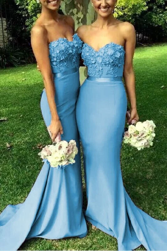 Fashion Sale Minimalist Office - Ready Style Smoky Blue Mermaid Bridesmaid Dresses 3D Lace Embroidery Sweetheart Formal prom Gown   cg21551