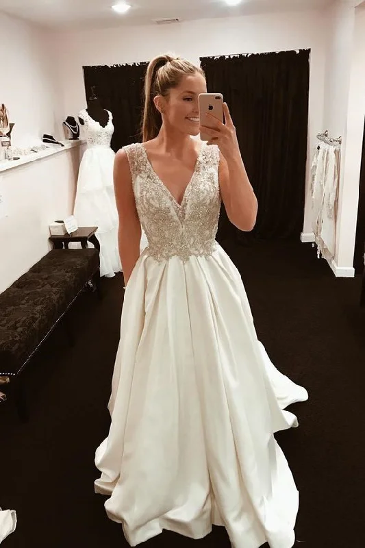 Flash Sale Starts Sleek Design V-Neck Prom Dress,White Lace Prom Dress,Beaded Prom Dress,Sleeveless Formal Party Dress   cg14246