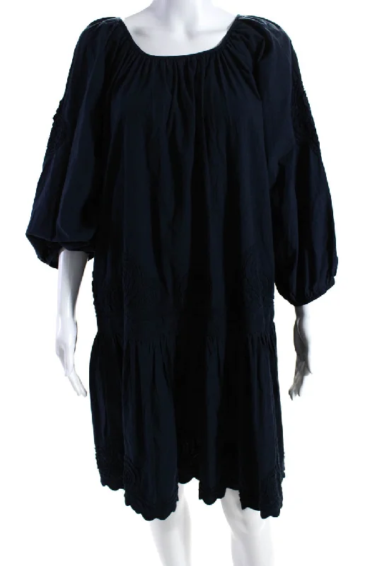 Exclusive Discount Flash Sale 0039 Italy Womens Long Sleeves A Line Mable Dress Navy Blue Cotton