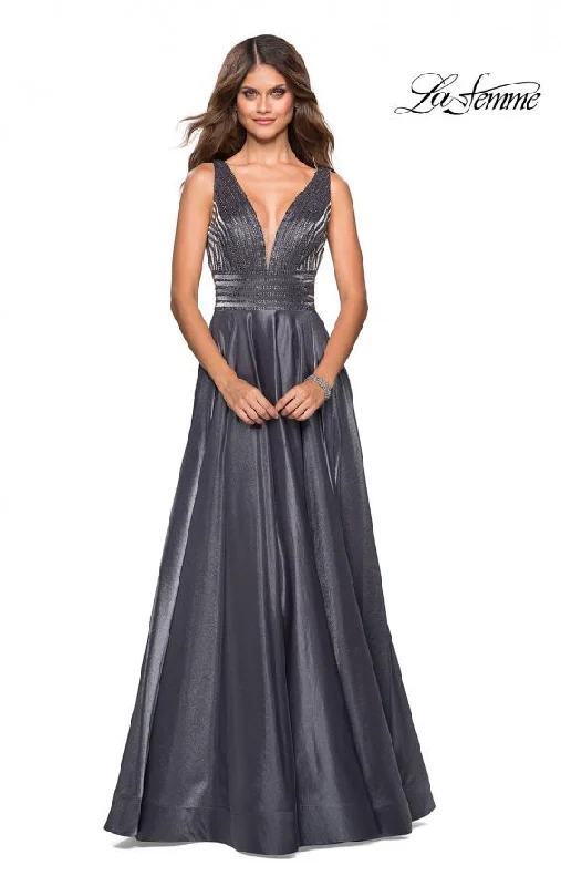 Unleash Your Fashion Graceful Cut La Femme 27205 Beaded Satin A-Line Gown with Pockets