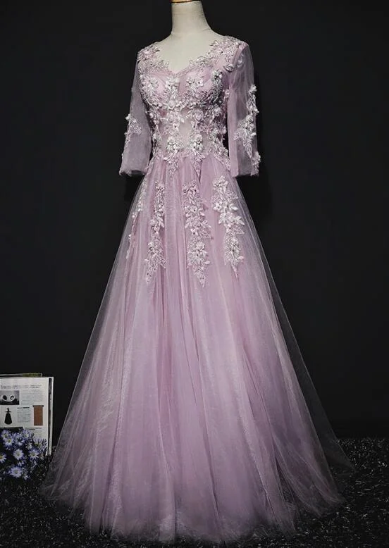 New Season Fashion Preview Sale Chic Allure Pink Long Sleeves Tulle With Flowers V-Neckline Prom Dress, A-Line Pink Bridesmaid Dress Party Dress    cg21372