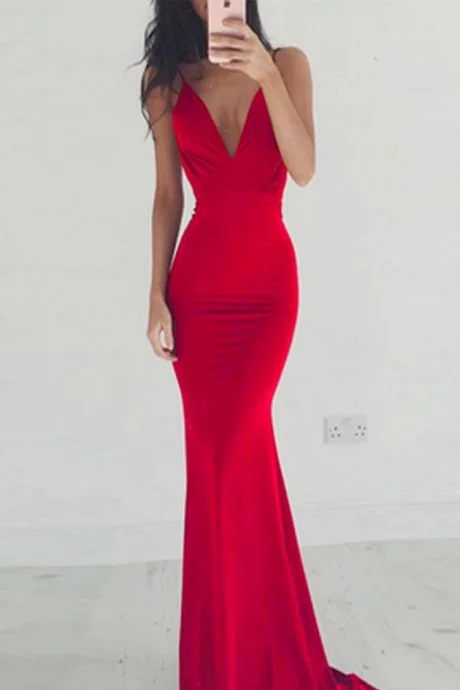 Limited Stock, Big Discounts Artful Design Charming V Neckline Prom Dress, Sexy Sleeveless Mermaid Evening Dress, Backless Long Prom Dresses   cg14323