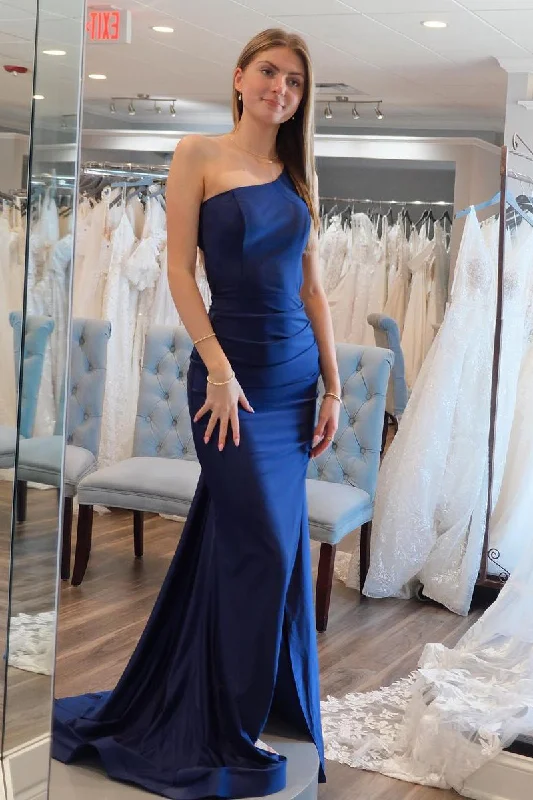 Season Offer Classic Appeal Roycebridal Simple Mermaid One Shoulder Navy Blue Satin Long Prom Dresses