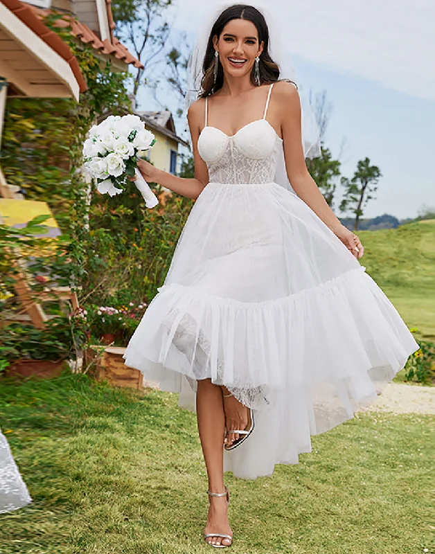 Discount Extravaganza Cottagecore Rustic Charm Style Tulle Sweetheart Spaghetti Strap High Low Wholesale Wedding Dress