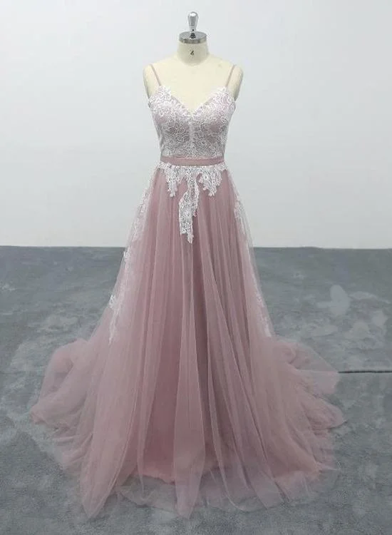 Fall Sale, Prices Drop Subtle Sophistication Pink Tulle V-Neck Spaghetti Straps Bridal Gown Prom Dress    cg21181