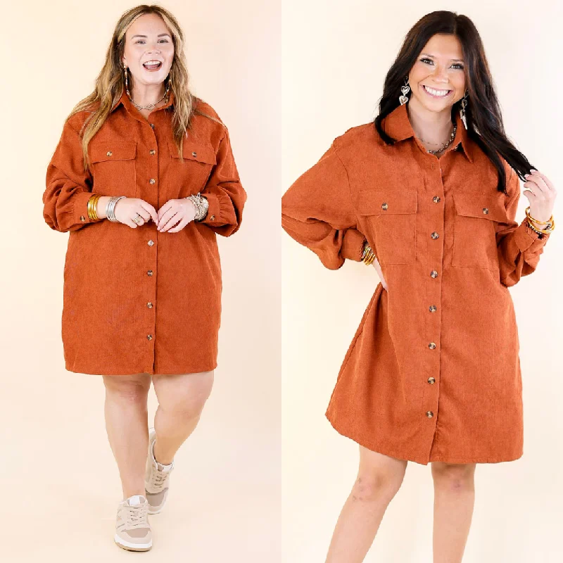 Chic Style, Always In Vogue Contemporary Elegance Peanut Brittle Button Up Corduroy Long Sleeve Dress in Rust Orange