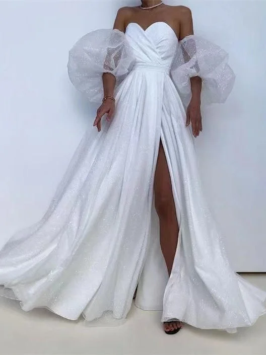 On-Trend Fashion Offers Seasonal Trend Sweetheart Long A-line Shiny Wedding Dresses, High Slit Wedding Dresses With Detachable Sleeves, Popular 2022 Prom Dresses