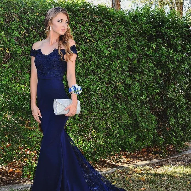 Chic Trends Unveiled Disco - Inspired Retro Dance Look Siaoryne LP019 Off the Shoulder Navy Bridesmaid Dress Long Mermaid