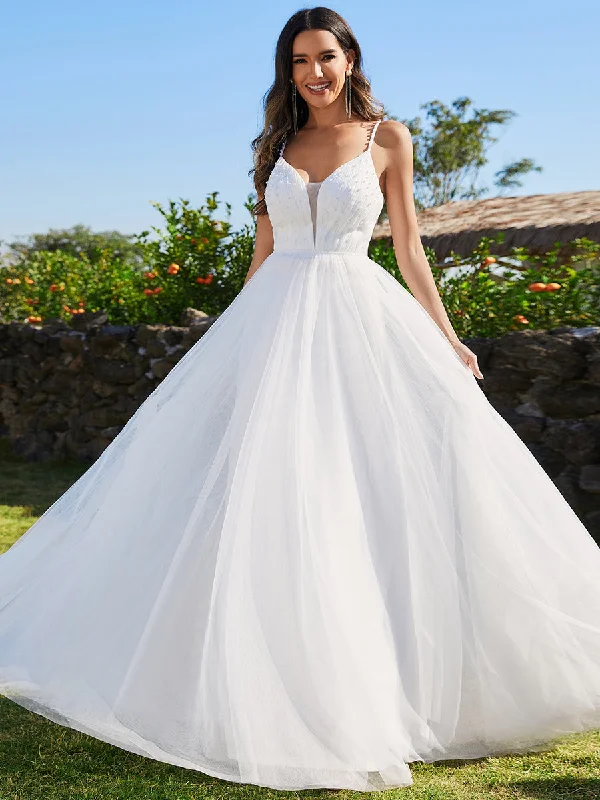 Chic Style, Always In Vogue Summer Fashion Spaghetti Straps Sleeveless Tulle Pearl Beaded Wholesale Wedding Dress