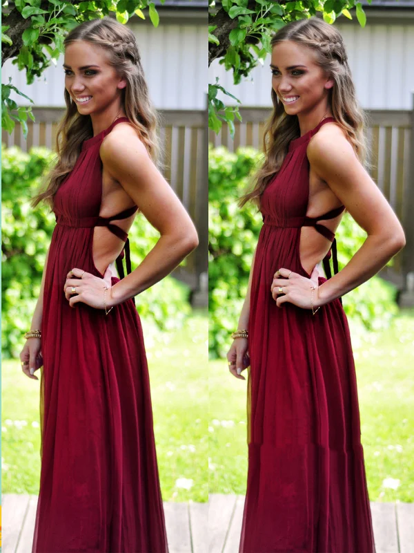 Fashion Sale Elegant Contour A Line Sleeveless Backless Maroon Prom Dress, Maroon Formal Dress, Maroon Bridesmaid Dress