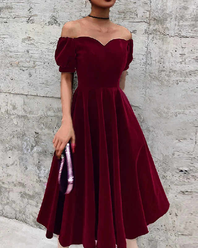 Holiday Glam Vintage Look Velvet Burgundy Knee Length Short Party Prom Dress ,Bridesmaid Gown SP10102