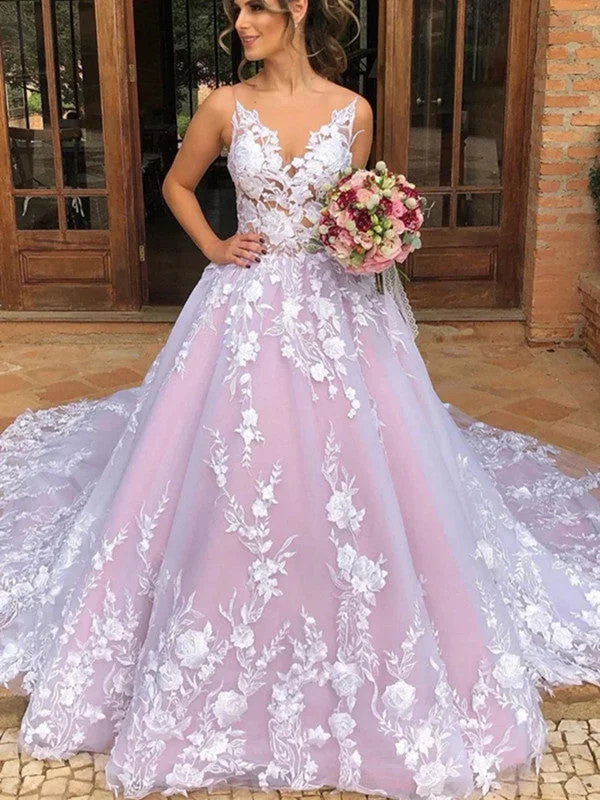 Flash Sale Today Only A-line Lace Floral Pink Wedding Dresses, Flower Elegant Wedding Gowns, Romantic Bridal Wedding Dresses