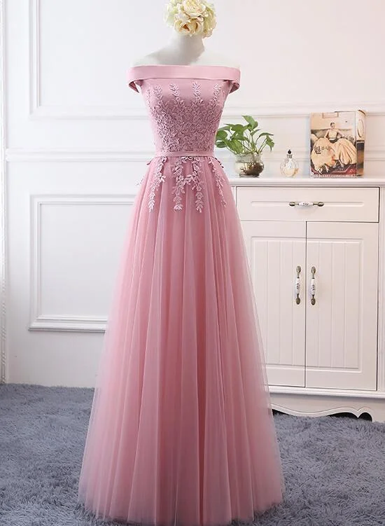 Explore What'S New Boho Chic Pink Off Shoulder A-Line Tulle Floor Length Bridesmaid Dress, Pink Prom Dress   cg13426