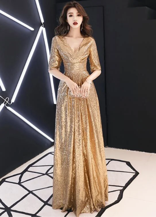 Cozy Comfort Style Sale Feminine Allure Shiny Sequins Golden Long Bridesmaid Dress, V-Neckline Prom Dress   cg11174