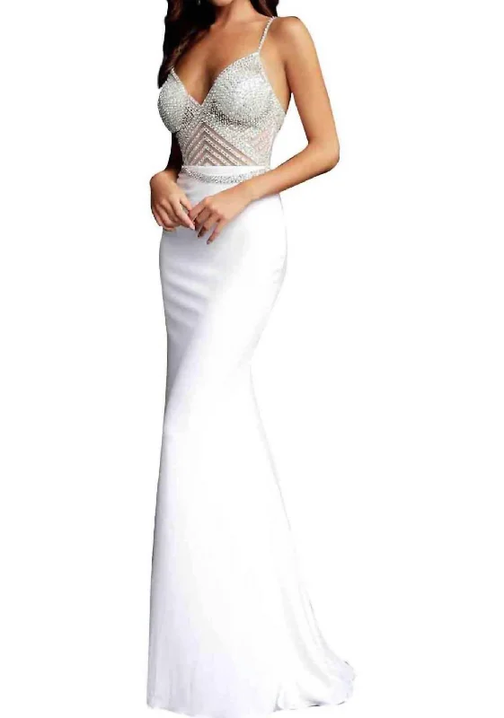 Trendy Looks On Sale Sophisticated Cut Fitted Embellished Long Gown In Off-White