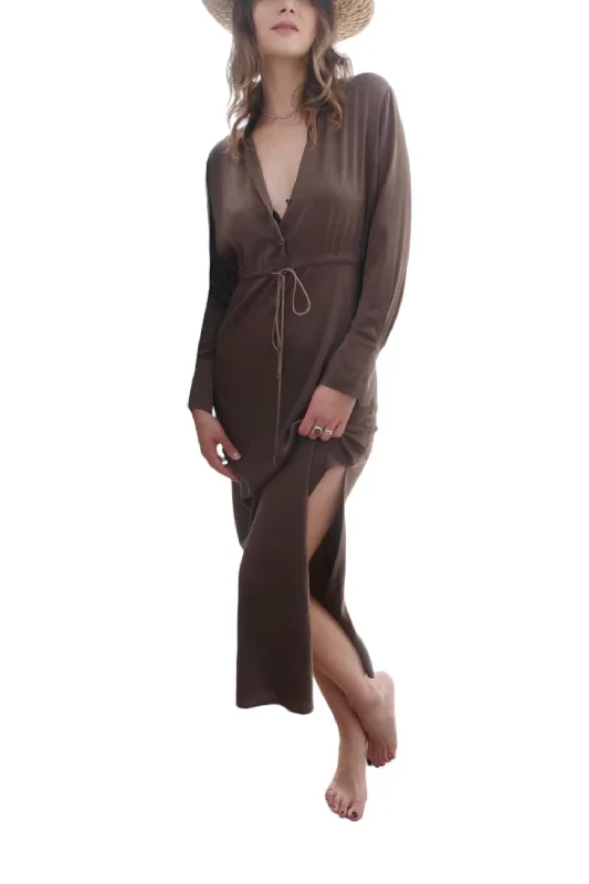 Feminine Luxe Style Sale Lightweight Fabric Long Sleeve Maxi Shirt Dress In Mocha