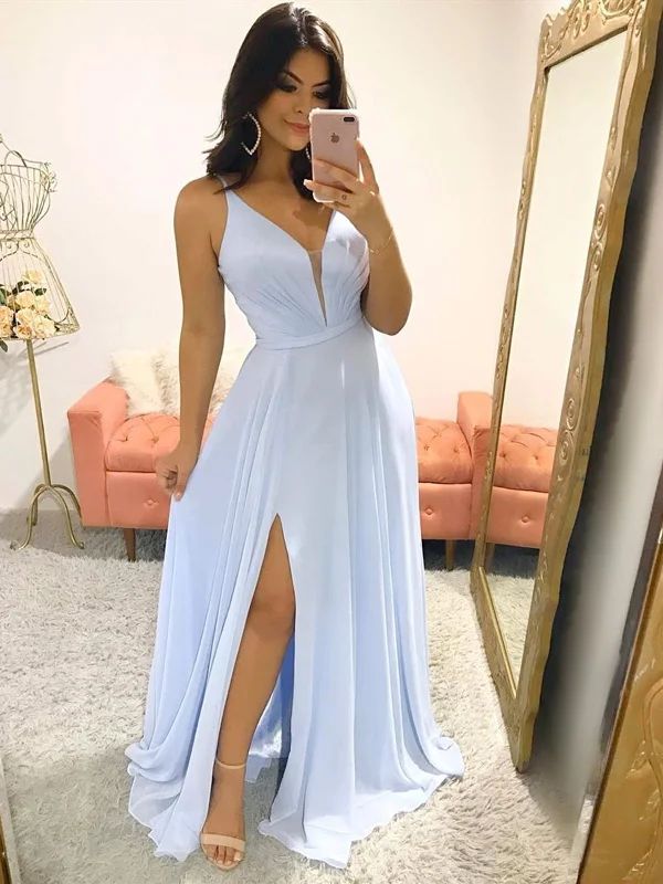 Timeless Elegance Redefined Bold Patterns V Neck Sky Blue Long Prom Dresses, Sky Blue Long Formal Bridesmaid Dresses