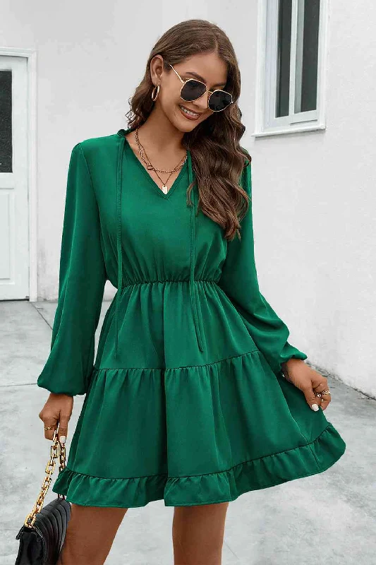 Sophisticated Style Offers Y2K Nostalgic Fashion Look V-Neck Tie Neck Long Sleeve Dress