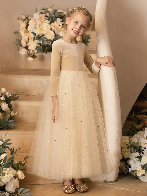 Classy Style Discounts Grab Romantic Date - Night Styles Now Crew Neck Tulle Velvet Long Sleeves Flower Girl Dresses