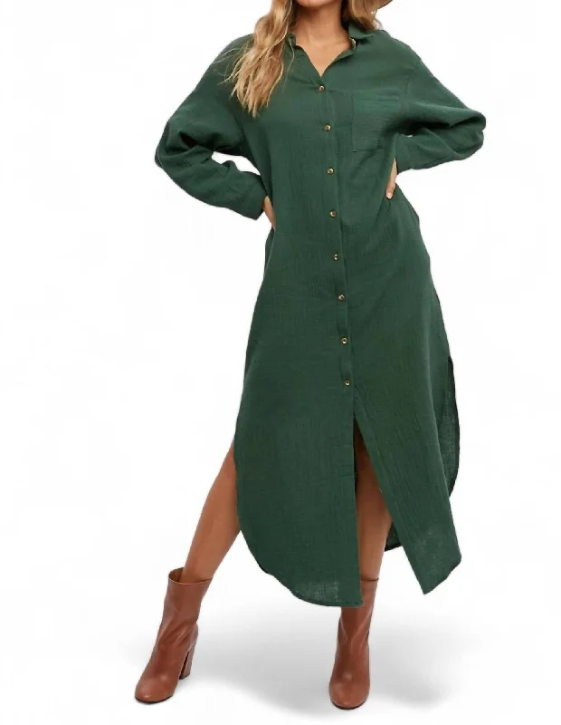 Massive Selection Sale Disco - Inspired Retro Dance Look Sarah Button Up Maxi Shirt Dress With Pocket In Green