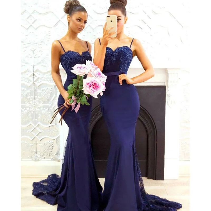 Chic Style, Always In Vogue Feminine Soft - Hued Look Spaghetti Srtaps Fitted Long Dress Bridesmaid Gown with Lace Appliques ,maid of honor dress for women