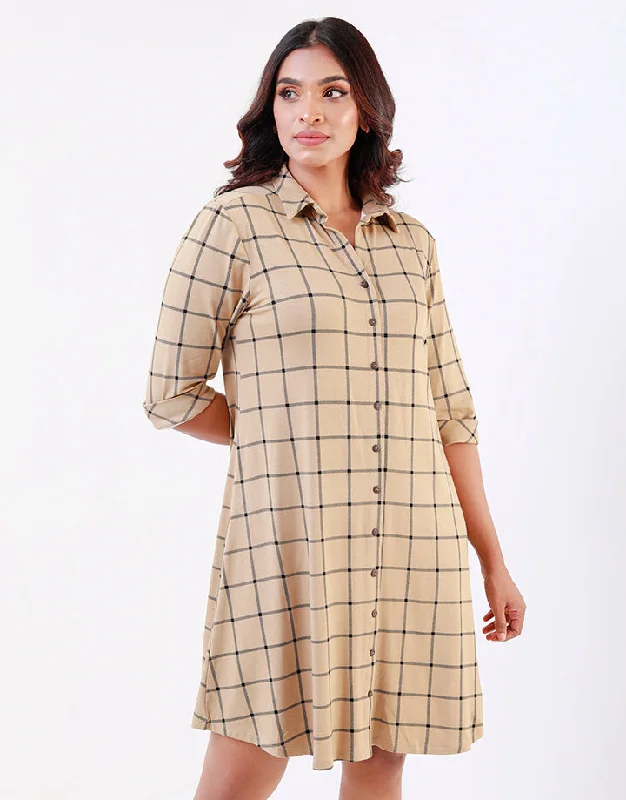 Casual Fashion Minimalist Chic Check Shirt Dress with ¾ Sleeves