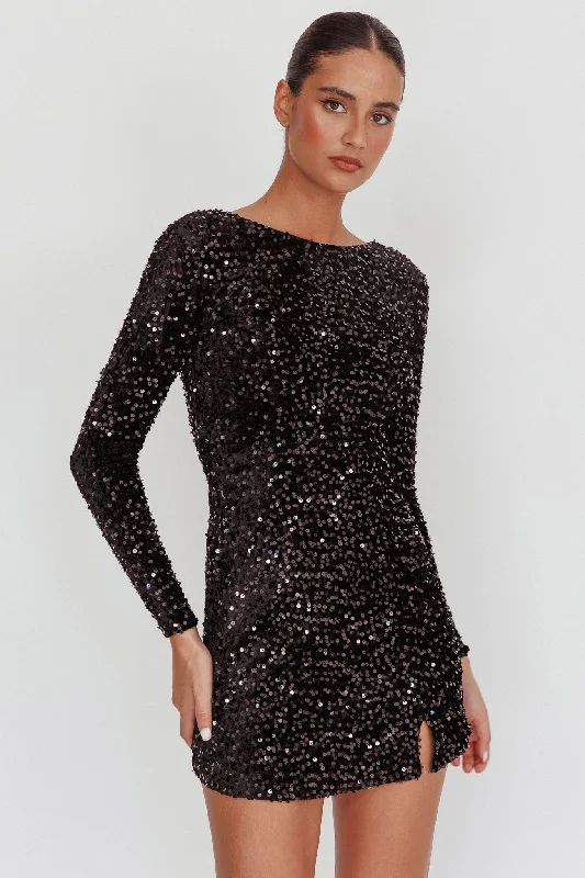 Romantic Fashion Discounts Fashion-Forward Style Demure Long Sleeve Open Back Dress Sequin Black