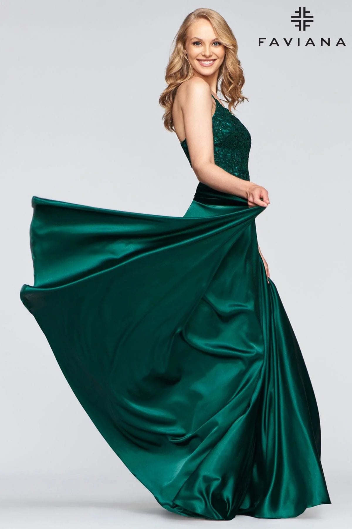 Comfortable Chic Timeless Elegant Faviana 10400 Satin Beaded Gown With Lace Up Back | Emerald Green, Steel Blue