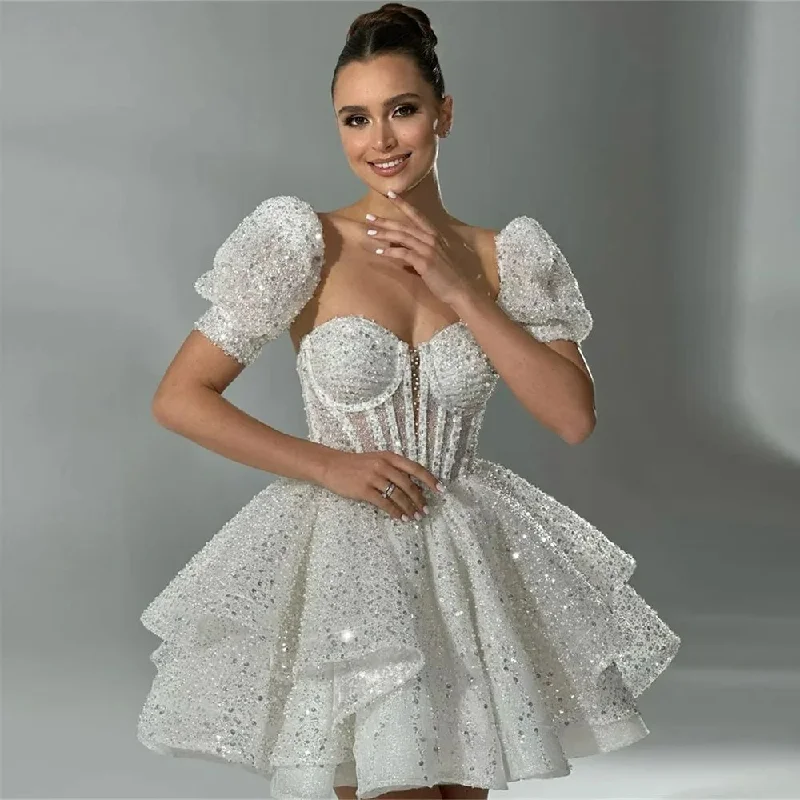 Trend Alert Feminine Grace Short Sequined Beadings Wedding Dresses Puff Sleeves Princess Sweetheart Party Dresses Dress Women Elegant Luxury