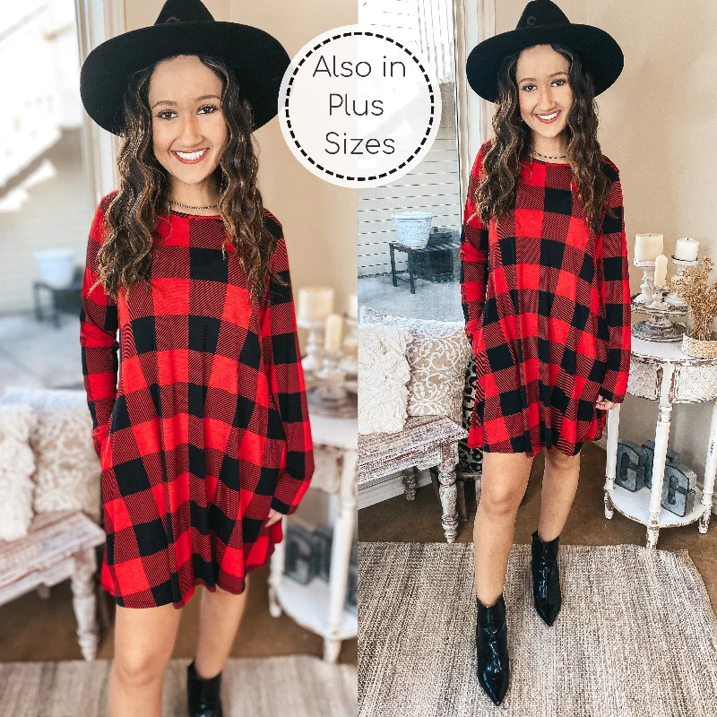 Enjoy Discount Final Clearance High Spirits Long Sleeve Buffalo Plaid Dress with Pockets in Red