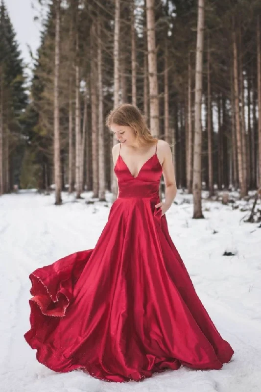 On-Trend Fashion Offers Disco - Inspired Retro Dance Look RED V NECK SATIN LONG PROM DRESS RED BRIDESMAID DRESS   cg17977