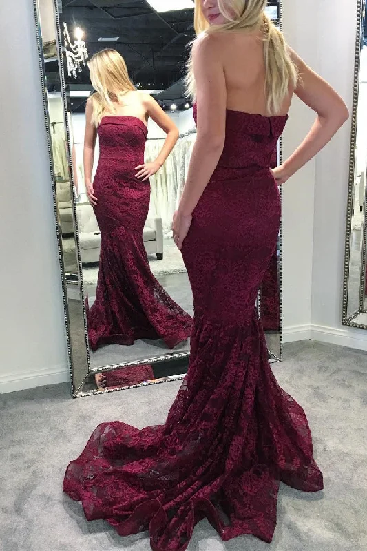 Limited Stock, Big Sale Flowing Silhouette Gorgeous Strapless Mermaid Burgundy Lace Long Bridesmaid Dress