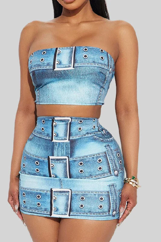 Discover Now Contemporary Chic Imitation Denim Print Hot Bandeau Bodycon Dress Suit