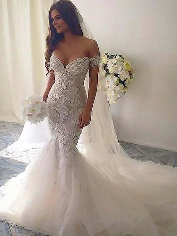 Unbeatable Deals Contemporary Chic Charming Boho Off-shoulder Lace Mermaid Sweetheart Long Wedding Dress, WD0618