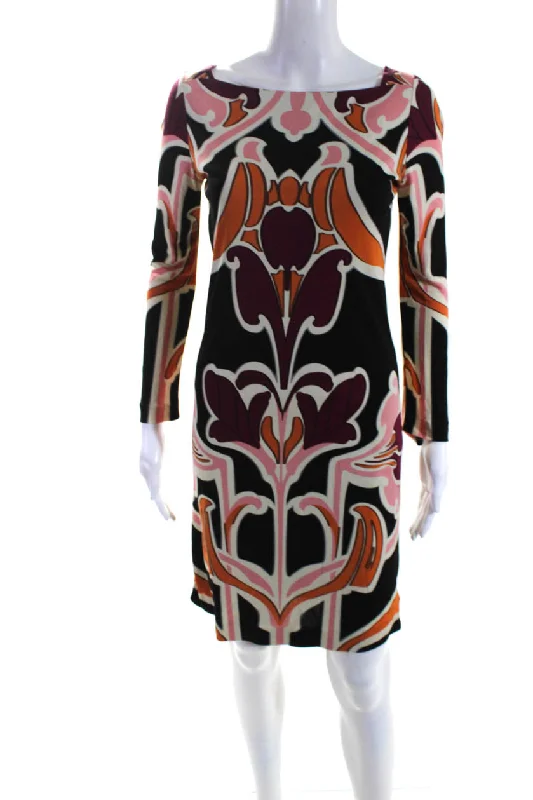 Limited Styles Boho Chic Gucci Womens Black Multi Printed Boat Neck Long Sleeve Shift Dress