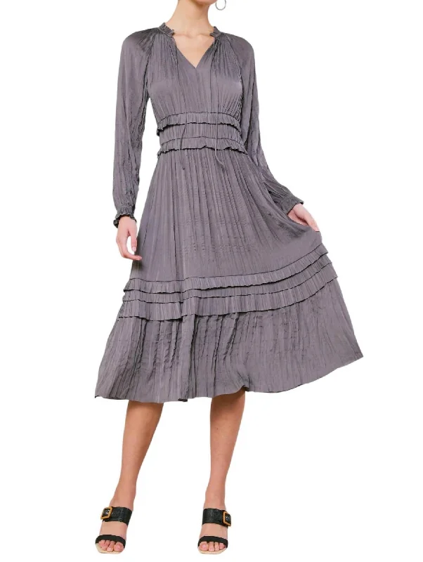 Imeless Style Flowy Fabric Leia Long Sleeve Ruffle Detail Dress In Grey