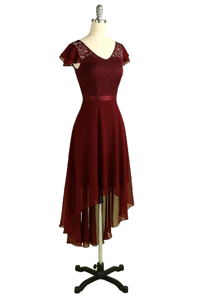 Spring Offer Cottagecore Rustic Charm Style High Low Short Sleeves Burgundy Bridesmaid Dress