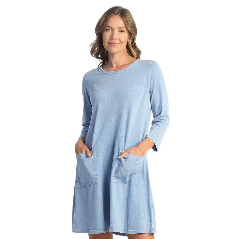 Classic Chic Deals Effortless Style Cornflower Jersey Slub Long Sleeve Dress with Linen Pockets