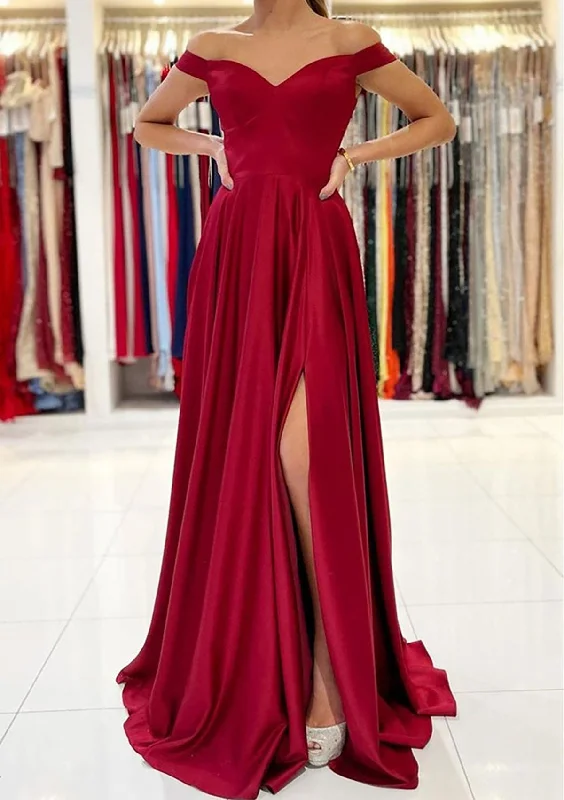 Fashion Forward Femininity Final Clearance Women Off Shoulder Bridesmaid Dress Long Side Slit Prom Gowns Simple Wedding Party Dress YBD003