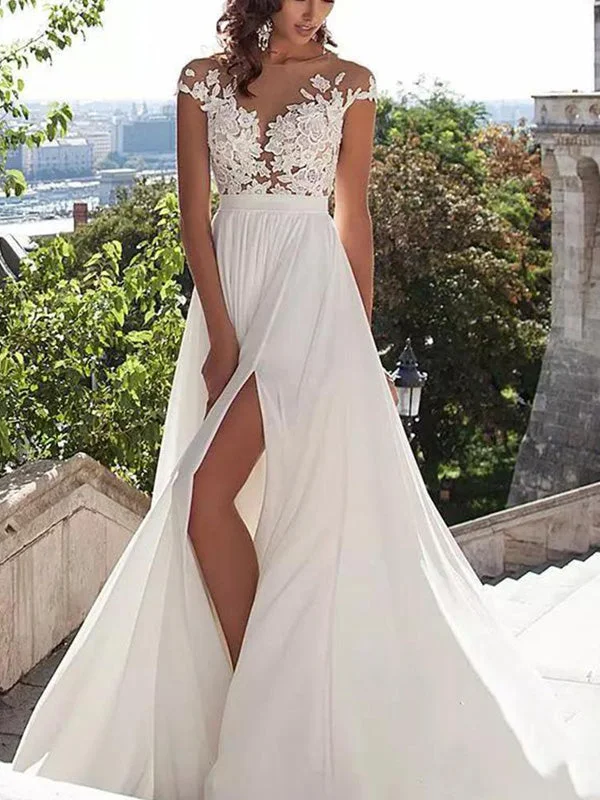 Classic Modern Offers Y2K Nostalgic Fashion Look Sexy Boho Lace Top Side-slit Cheap A-line Long Beach Wedding Dress, PD0046