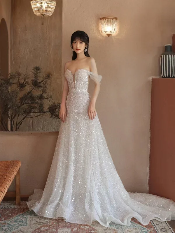 Athleisure Style Sale Casual Elegance Off Shoulder Ivory Sequin Tulle Wedding Dresses, A-line Wedding Dresses, Shiny Wedding Dresses, High Quality Long Wedding Dresses