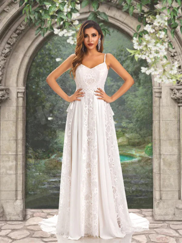 Limited Time Flash Sale Parisian Effortless Chic Style Spaghetti Straps V-neck Bohemian Lace A-line Long Wedding Dress, WD3097