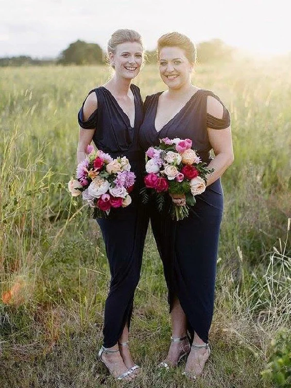 Seasonal Clearance Vintage Charm V Neck Navy Blue Tea Length Bridesmaid Dress