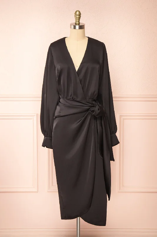 Exclusive Discounts Limited - Edition Drops Lunaria Black | Satin Wrap Midi Dress w/ Long Sleeves