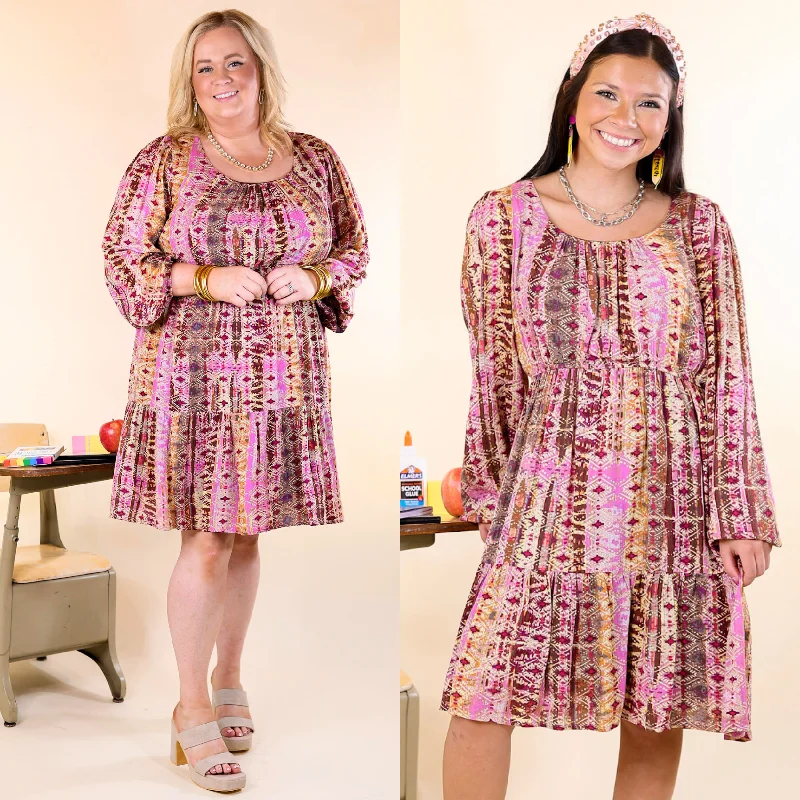 Chic Trend Collection Effortless Sophistication Sweetest Anticipation Long Sleeve Dress with Tiered Hem in Brown Multi