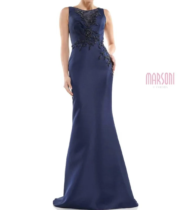 Laid-Back Fashion Offers Modern Glamour Beaded Bodice Fit N Flare Gown In Navy