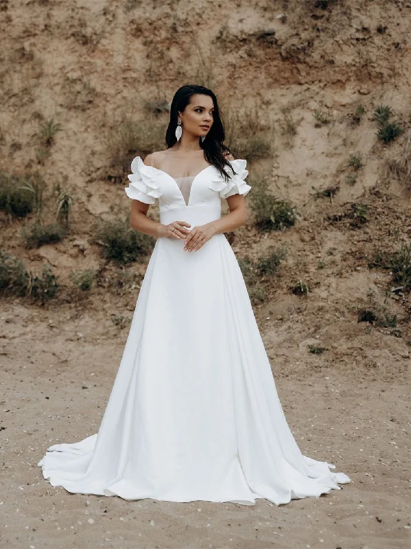 Premium Fashion Minimalist Elegant Off Shoulder Ruffled Ivory Satin Wedding Dresses, A-line Wedding Dresses, Affordable Wedding Dresses