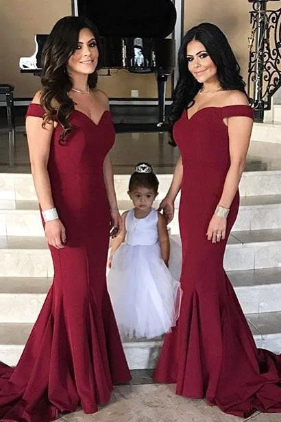 Absurdly Cheap Sale Seasonal Trend Gorgeous Off Shoulder Burgundy Mermaid Long Bridesmaid Dress